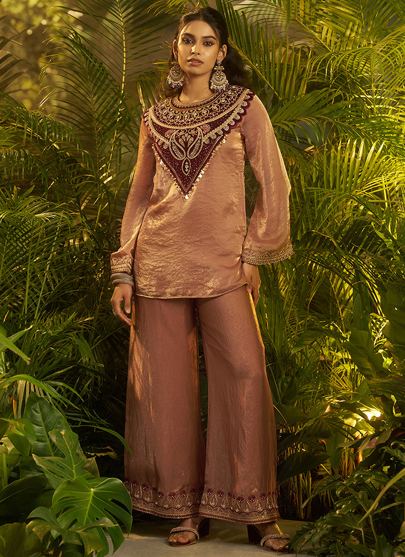 Fendi & Velvet Rose Gold Party Wear Sequins Work Readymade Cord Set 388153