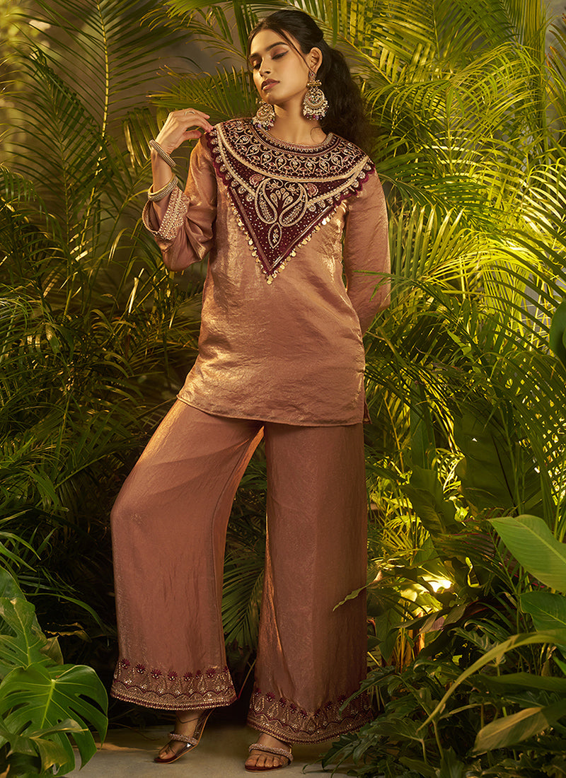 Fendi & Velvet Rose Gold Party Wear Sequins Work Readymade Cord Set 388153