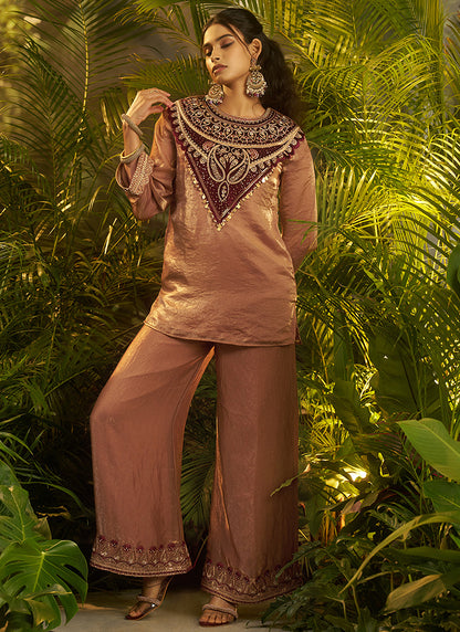 Fendi & Velvet Rose Gold Party Wear Sequins Work Readymade Cord Set 388153