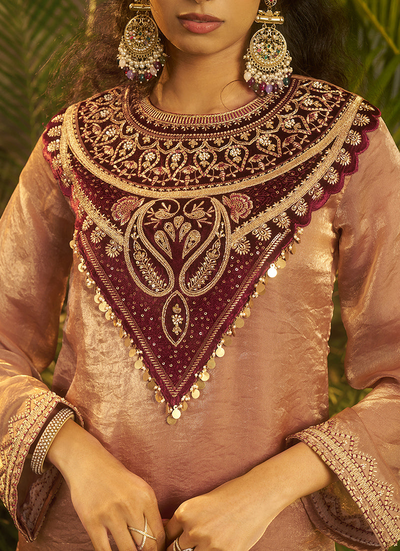 Fendi & Velvet Rose Gold Party Wear Sequins Work Readymade Cord Set 388153