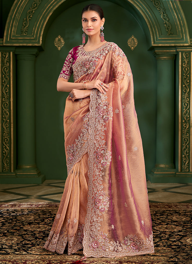 Georgette Rose Gold Wedding Wear Zari Embroidery Work Saree 386656