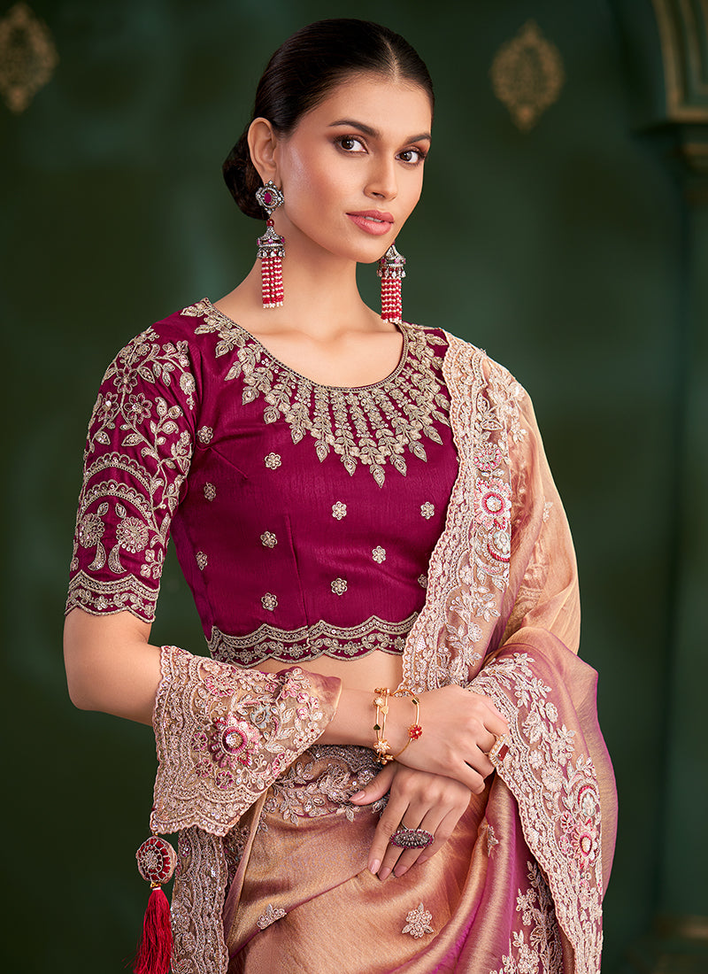Georgette Rose Gold Wedding Wear Zari Embroidery Work Saree 386656