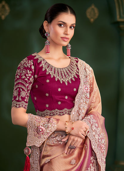 Georgette Rose Gold Wedding Wear Zari Embroidery Work Saree 386656