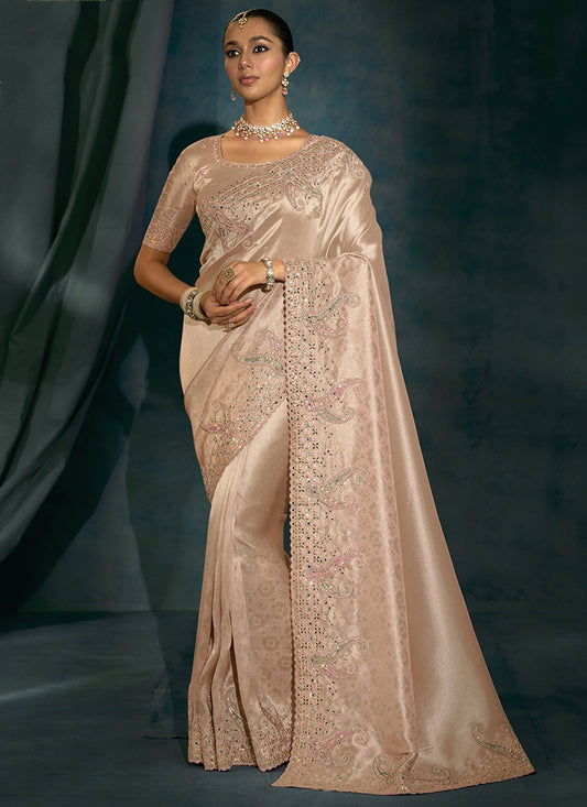 Ziraf Silk Rose Gold Designer Saree with Heavy Work for Bridal Wear 384676