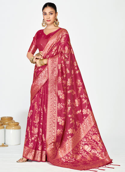 Banarasi Silk Rose Pink Party Wear Zari Weaving Work Saree 387509
