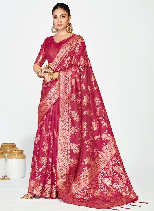 Banarasi Silk Rose Pink Party Wear Zari Weaving Work Saree 387509