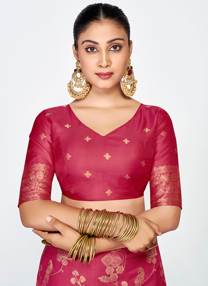 Banarasi Silk Rose Pink Party Wear Zari Weaving Work Saree 387509