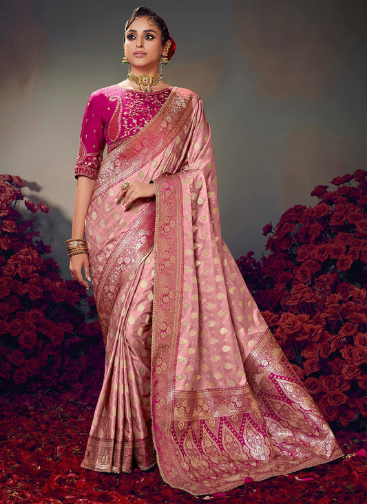 Fancy Fabric Rose Pink Wedding Wear Embroidery Work Saree 385866