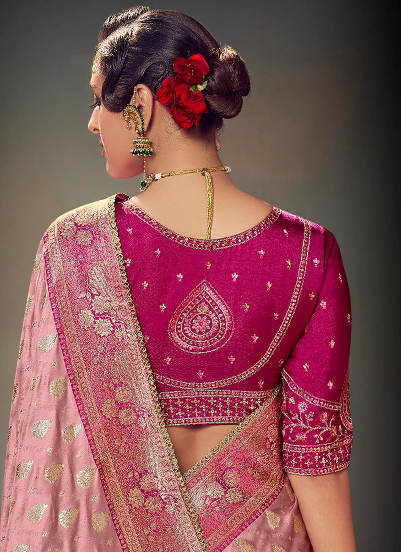 Fancy Fabric Rose Pink Wedding Wear Embroidery Work Saree 385866