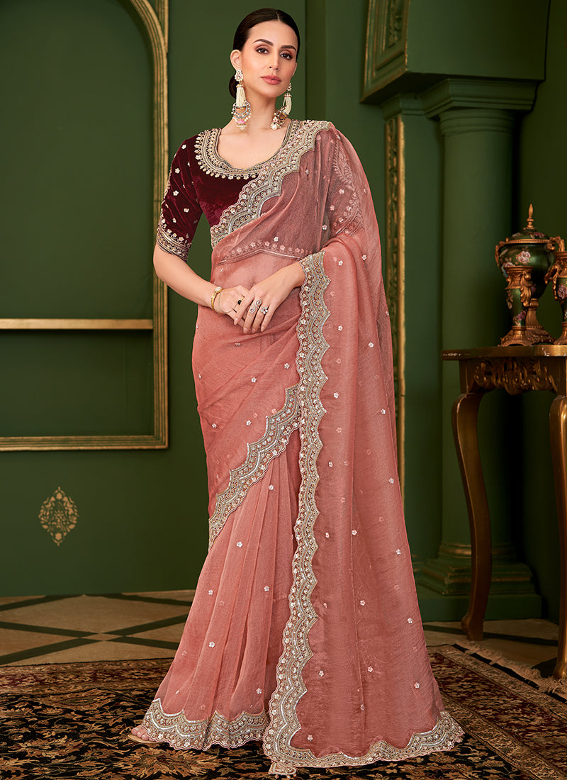 Georgette Silk Rose Pink Wedding Wear Zari Embroidery Work Saree 386650
