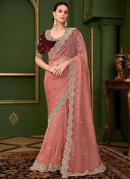 Georgette Silk Rose Pink Wedding Wear Zari Embroidery Work Saree 386650
