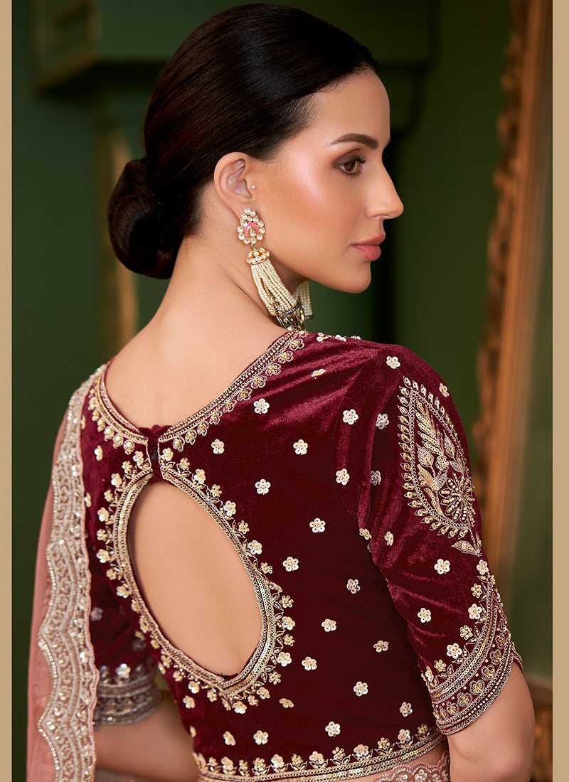 Georgette Silk Rose Pink Wedding Wear Zari Embroidery Work Saree 386650