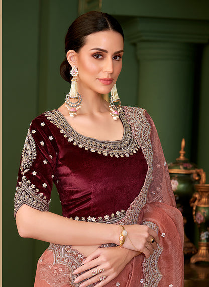 Georgette Silk Rose Pink Wedding Wear Zari Embroidery Work Saree 386650