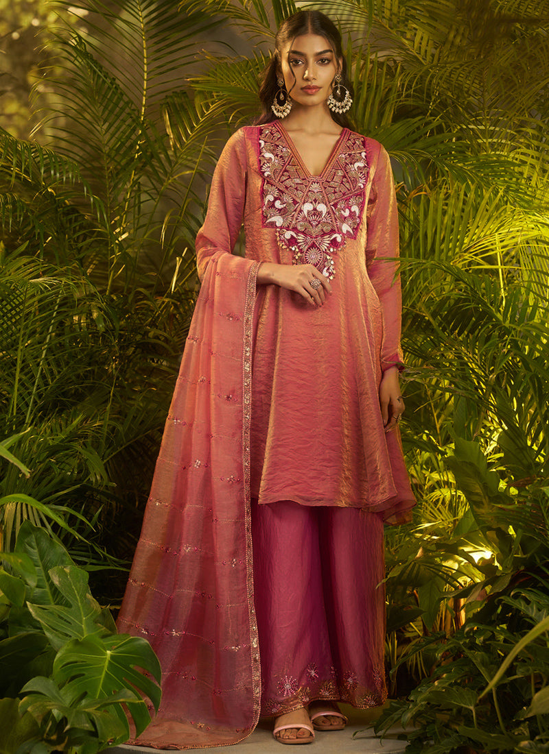 Organza Rose Pink Wedding Wear Embroidery Work Readymade Plazzo Suit 390817
