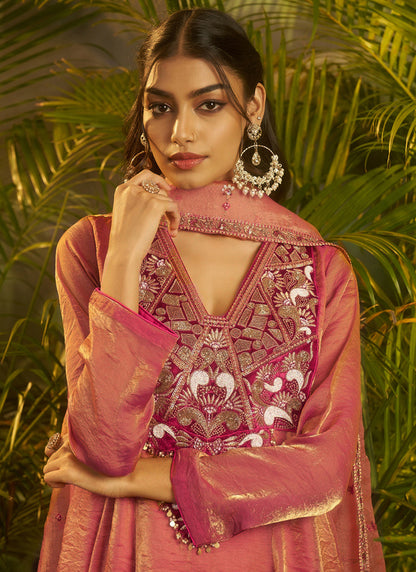 Organza Rose Pink Wedding Wear Embroidery Work Readymade Plazzo Suit 390817