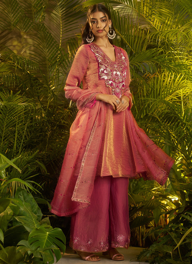 Organza Rose Pink Wedding Wear Embroidery Work Readymade Plazzo Suit 390817