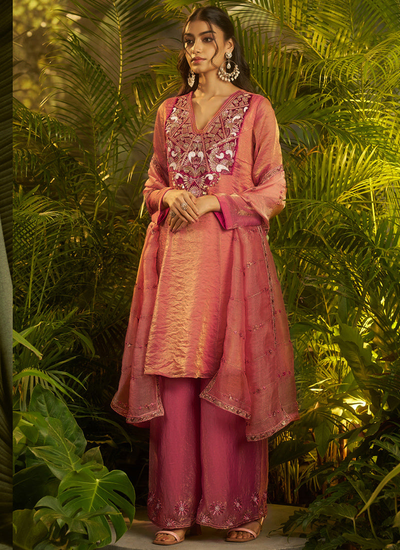 Organza Rose Pink Wedding Wear Embroidery Work Readymade Plazzo Suit 390817