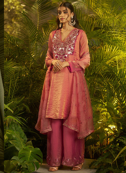 Organza Rose Pink Wedding Wear Embroidery Work Readymade Plazzo Suit 390817