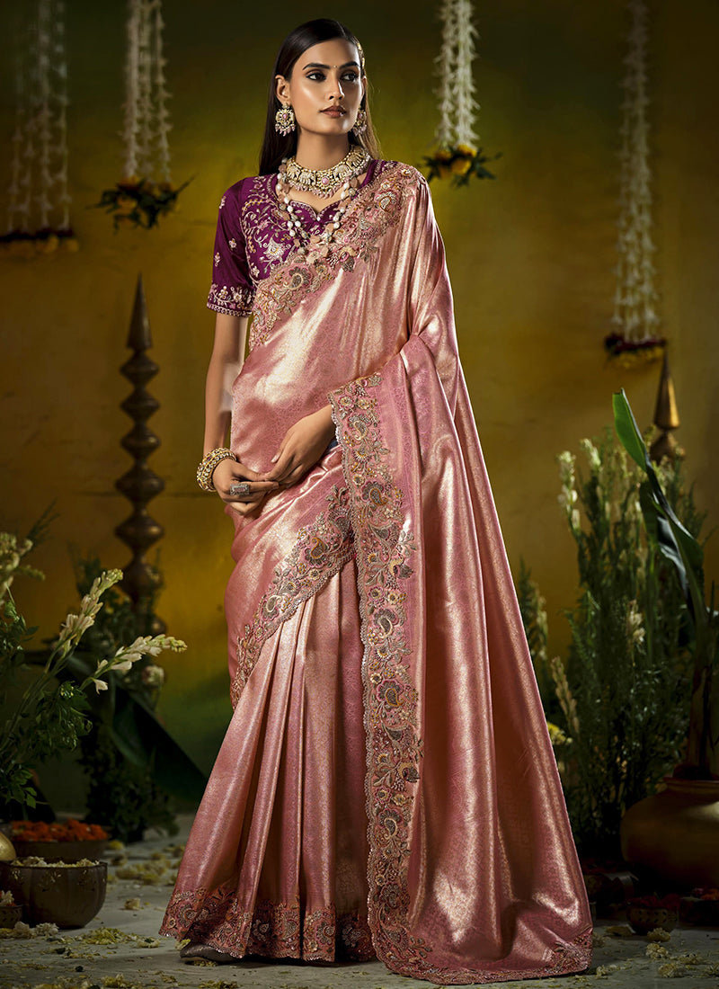 Silk Rose Pink Saree with Embroidery Work for Wedding Wear 382431