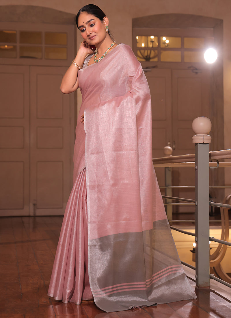 Tissue Silk Rose Pink Saree with Weaving Work for Daily Wear 382887