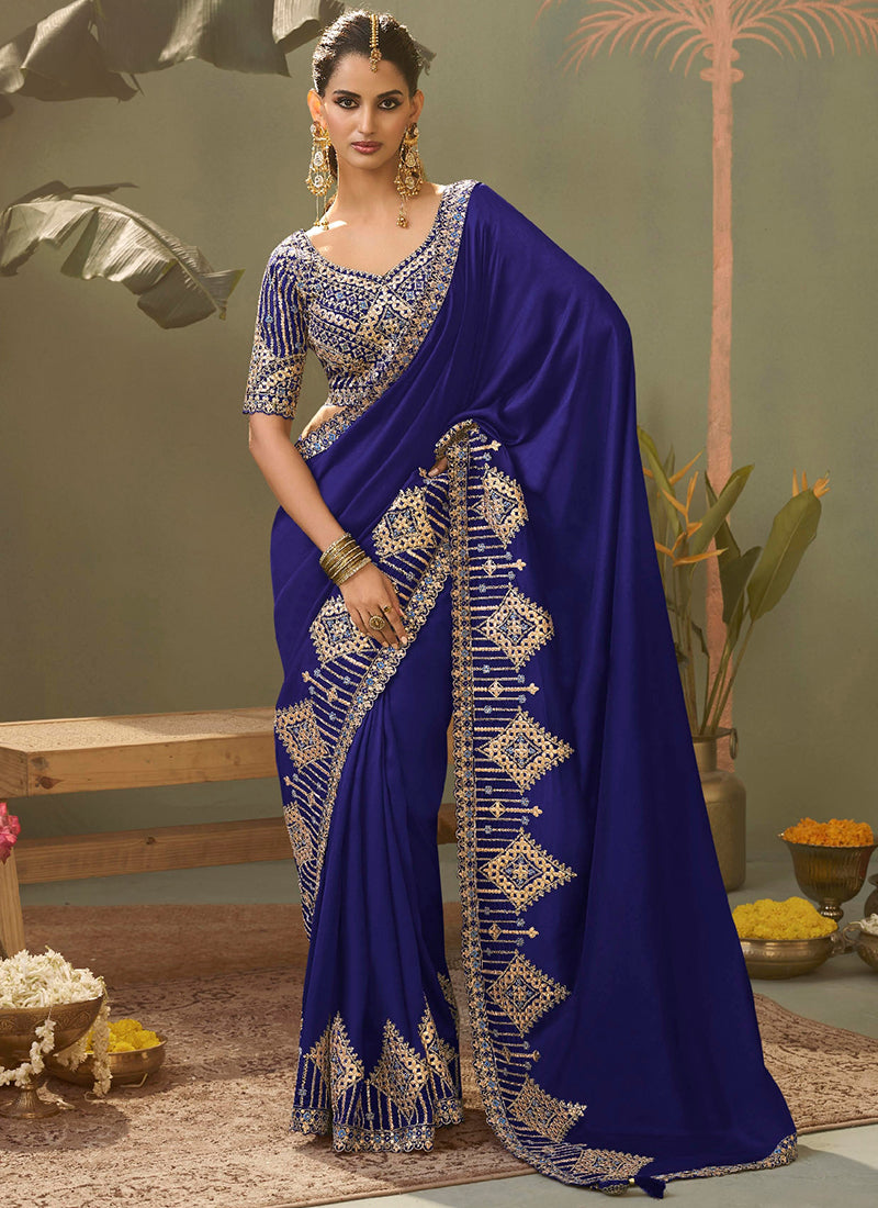 Bemberg Silk Royal Blue Wedding Wear Heavy Work Wedding Saree 387272