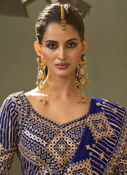 Bemberg Silk Royal Blue Wedding Wear Heavy Work Wedding Saree 387272