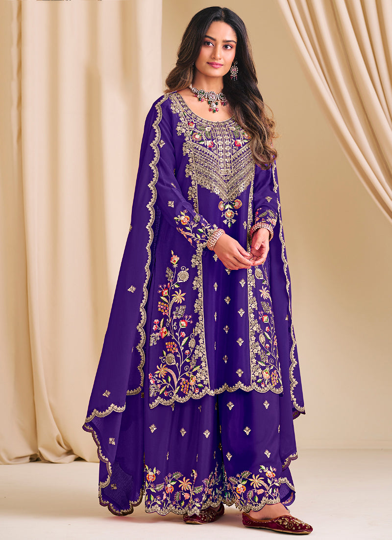 Chinon Royal Blue Wedding Wear Embroidery Work Readymade Plazzo Suit 386151