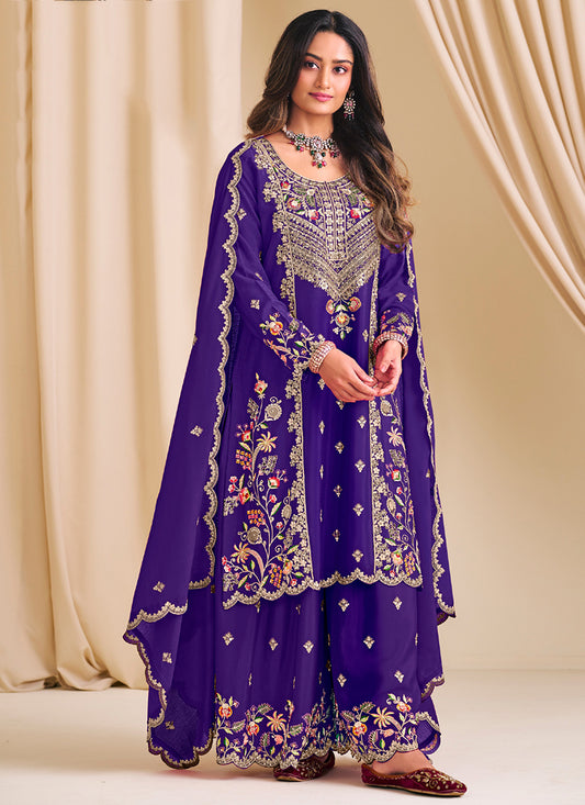 Chinon Royal Blue Wedding Wear Embroidery Work Readymade Plazzo Suit 386151
