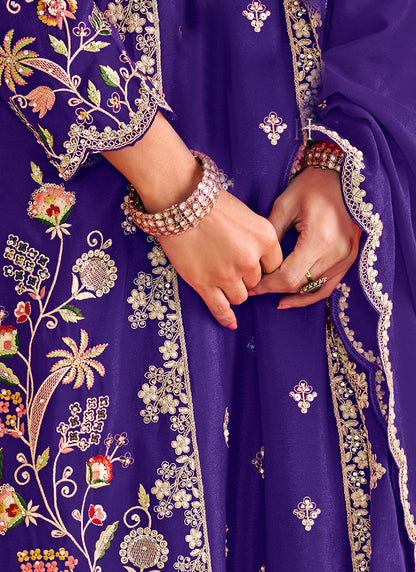 Chinon Royal Blue Wedding Wear Embroidery Work Readymade Plazzo Suit 386151