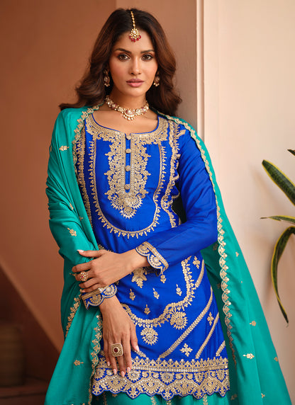 Royal Blue Chinon Silk Zari Embroidery Work Wedding Wear Readymade Plazzo Suit SW720131