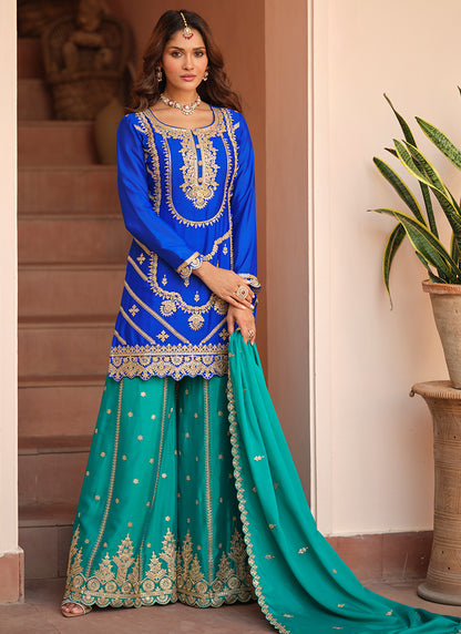 Royal Blue Chinon Silk Zari Embroidery Work Wedding Wear Readymade Plazzo Suit SW720131