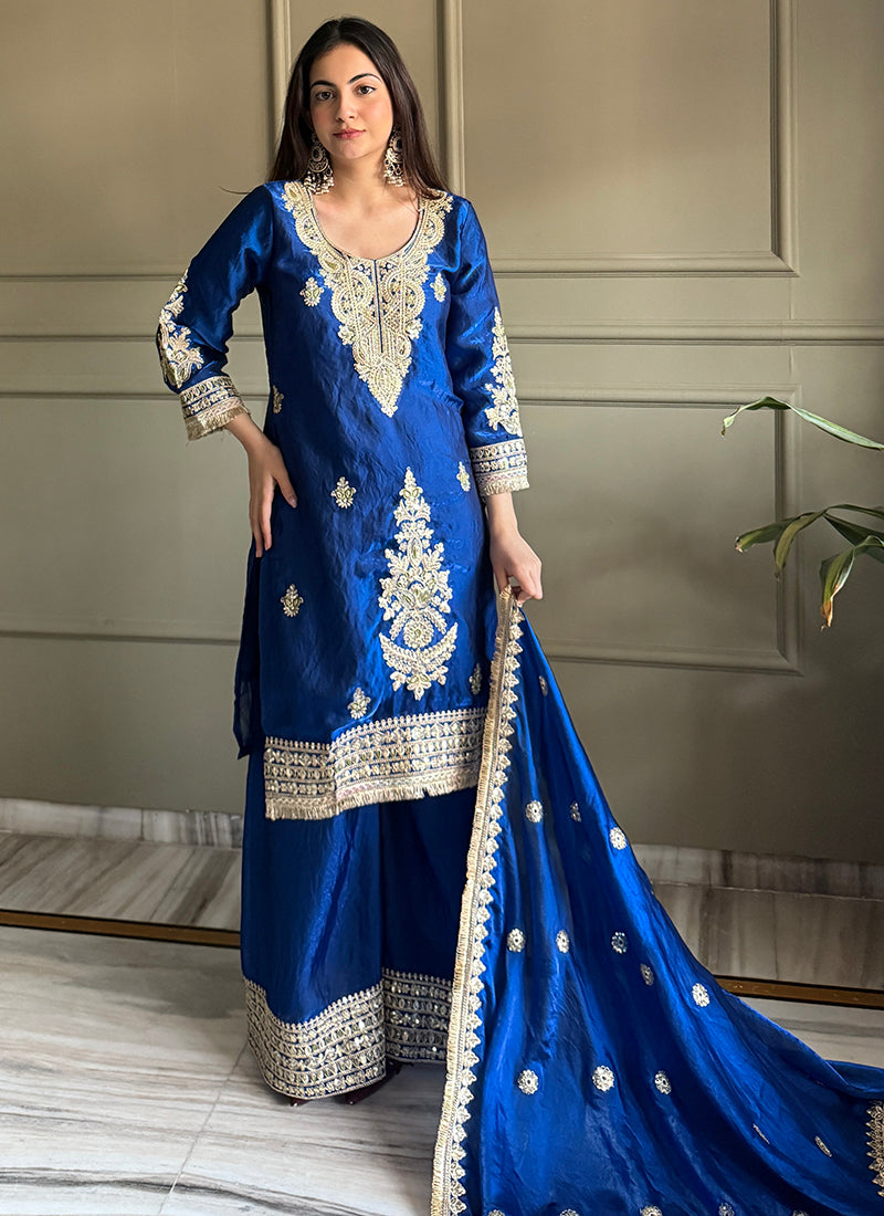 Royal Blue Fendy Satin Embroidery Work Occasional Wear Readymade Plazzo Suit SW869417