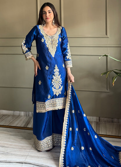 Royal Blue Fendy Satin Embroidery Work Occasional Wear Readymade Plazzo Suit SW869417