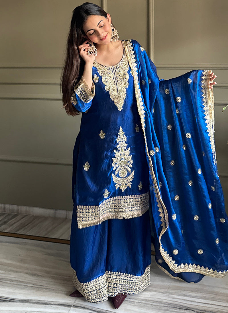 Royal Blue Fendy Satin Embroidery Work Occasional Wear Readymade Plazzo Suit SW869417