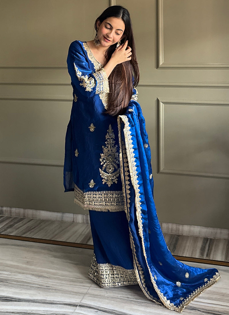 Royal Blue Fendy Satin Embroidery Work Occasional Wear Readymade Plazzo Suit SW869417