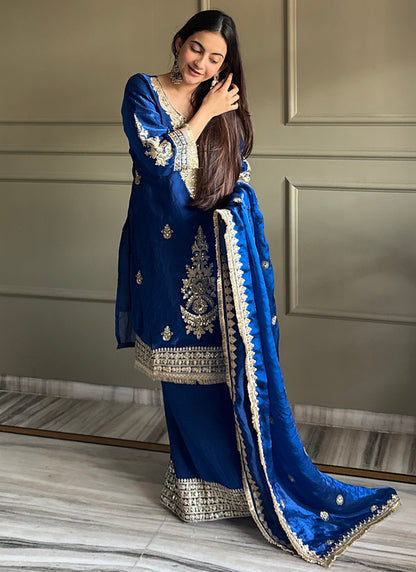 Royal Blue Fendy Satin Embroidery Work Occasional Wear Readymade Plazzo Suit SW869417
