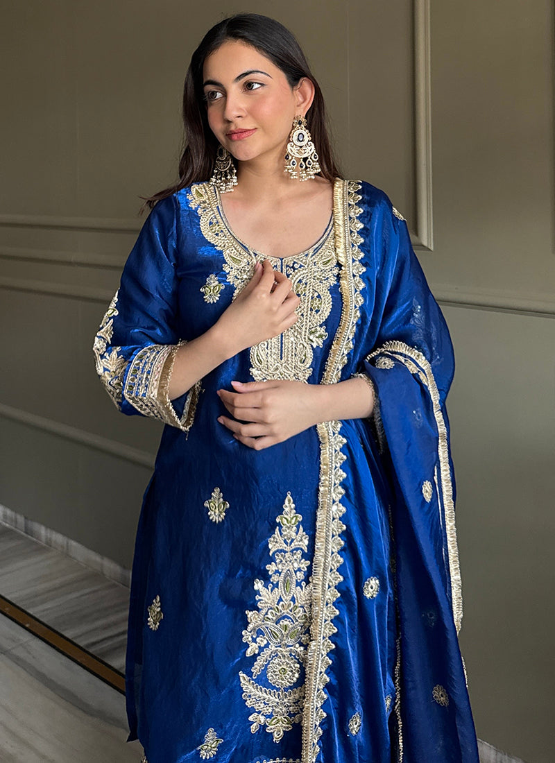 Royal Blue Fendy Satin Embroidery Work Occasional Wear Readymade Plazzo Suit SW869417