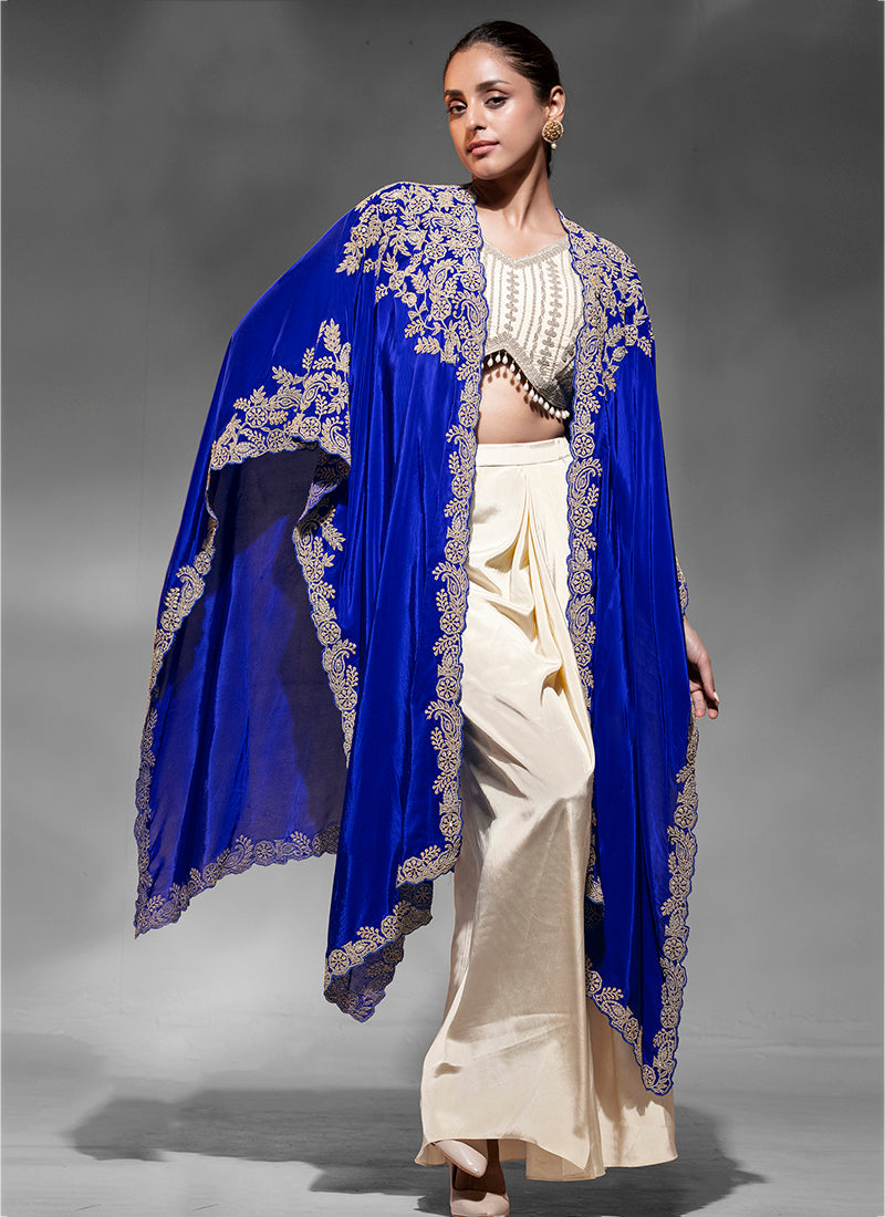 Premium Crepe Royal Blue Party Wear Embroidery Work Readymade Indowestern Suit 388086