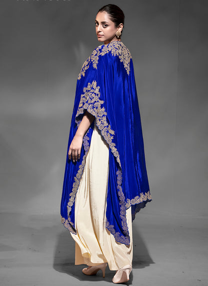 Premium Crepe Royal Blue Party Wear Embroidery Work Readymade Indowestern Suit 388086