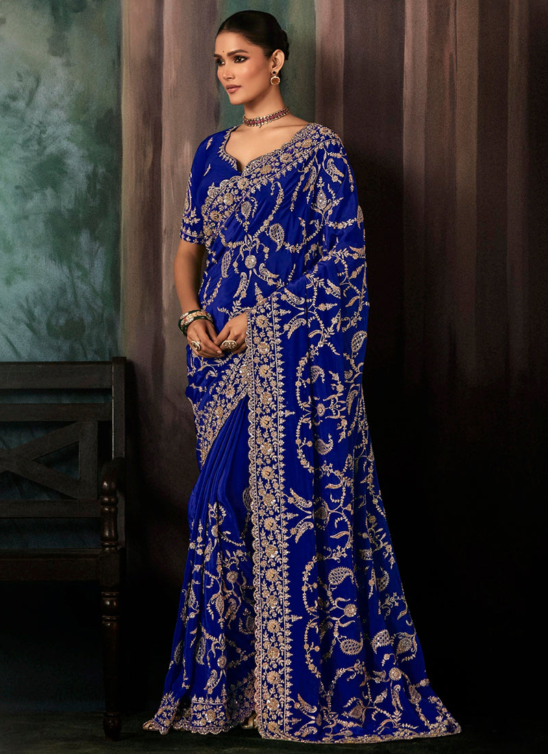 Pure Fancy Royal Blue Bridal Wear Heavy Work Bridal Saree 387345