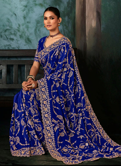 Pure Fancy Royal Blue Bridal Wear Heavy Work Bridal Saree 387345