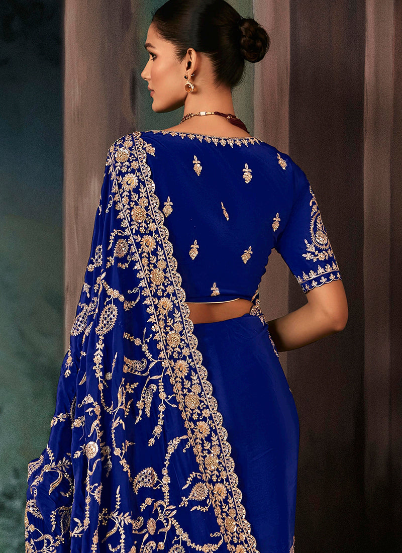 Pure Fancy Royal Blue Bridal Wear Heavy Work Bridal Saree 387345