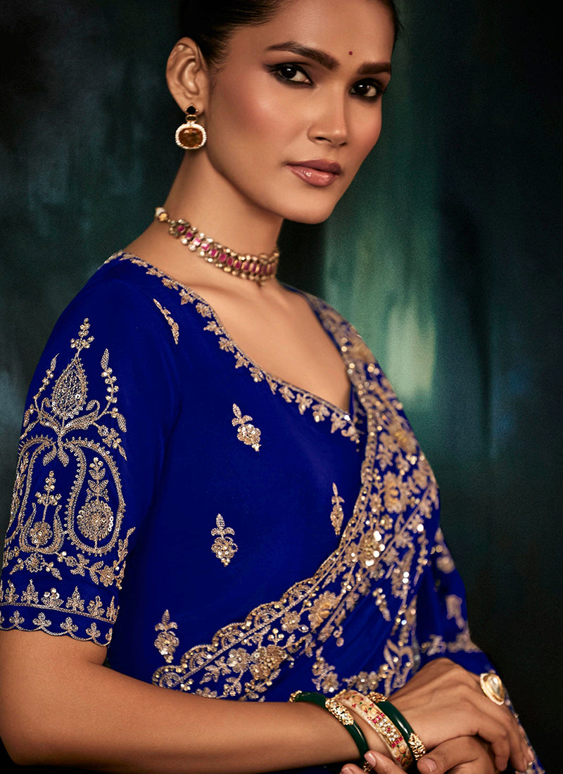 Pure Fancy Royal Blue Bridal Wear Heavy Work Bridal Saree 387345