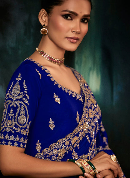 Pure Fancy Royal Blue Bridal Wear Heavy Work Bridal Saree 387345