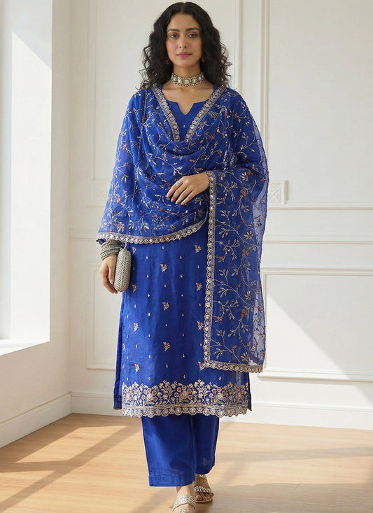 Shimmer Organza Royal Blue Festival Wear Zari Embroidery Work Readymade Salwar Suit 388811
