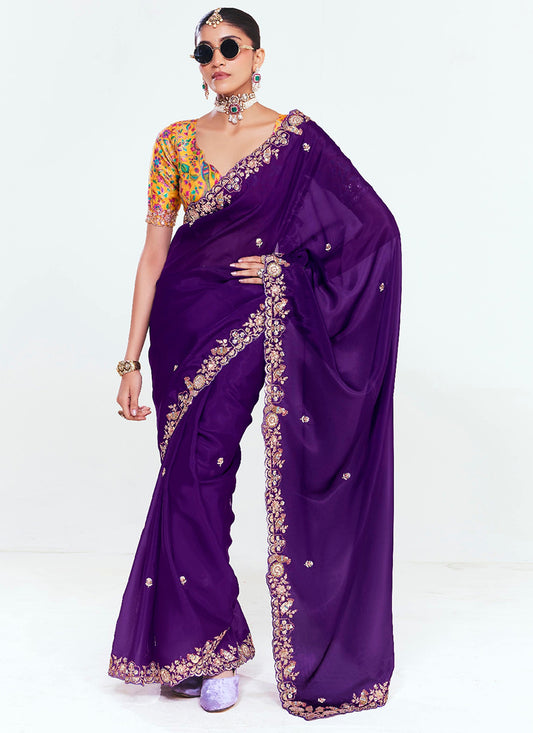 Royal Purple Fancy Silk Border Work Wedding Wear Wedding Saree SW366581