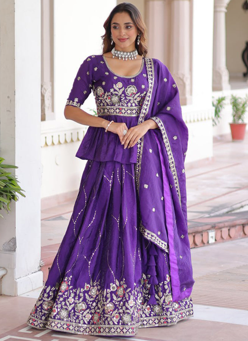 Gold Crush Royal Purple Festival Wear Sequins Work Readymade Lehenga Choli 388550