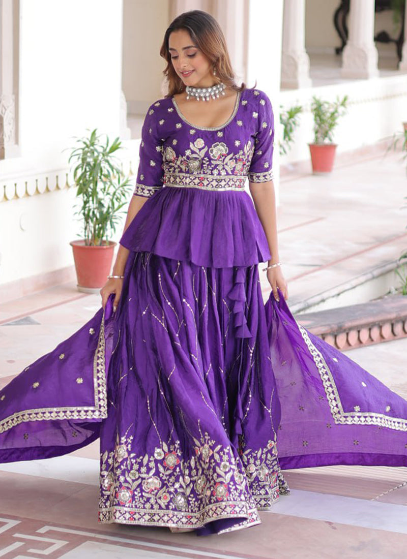 Gold Crush Royal Purple Festival Wear Sequins Work Readymade Lehenga Choli 388550