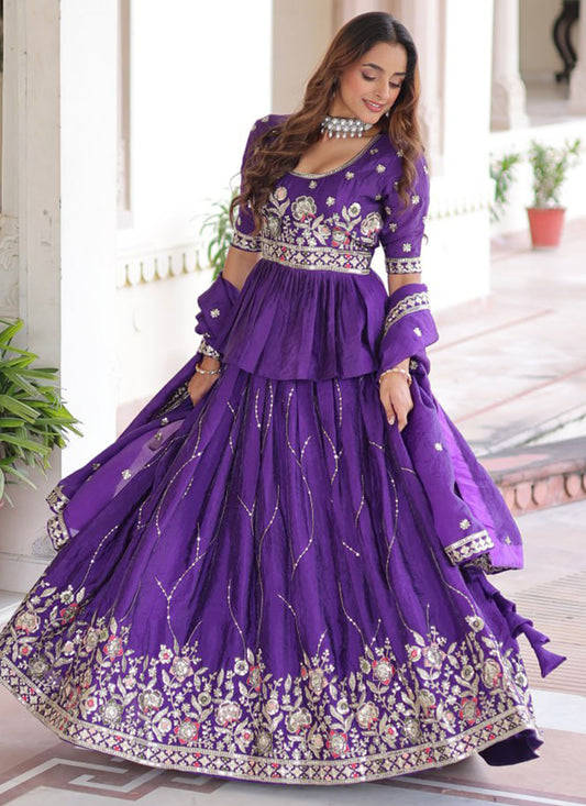Gold Crush Royal Purple Festival Wear Sequins Work Readymade Lehenga Choli 388550