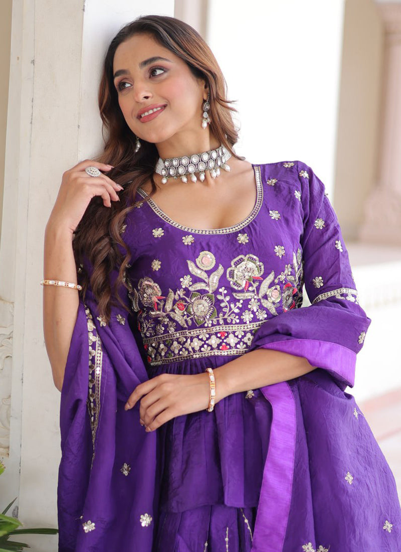 Gold Crush Royal Purple Festival Wear Sequins Work Readymade Lehenga Choli 388550